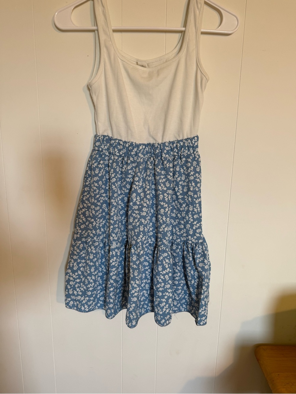 SHEIN White Tank Top Dress with Blue Floral Skirt